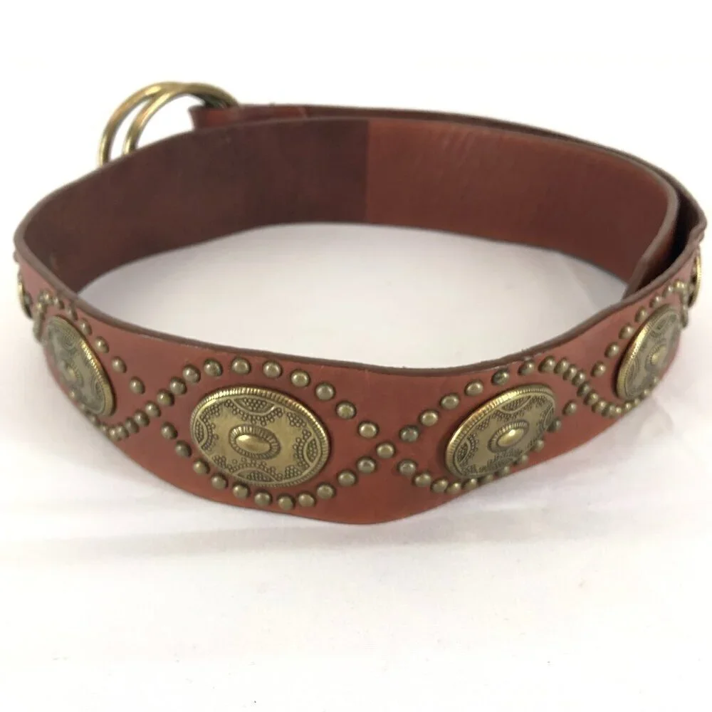 Brown Genuine Leather Belt With Gold Tone Emblems And Studs Size Small